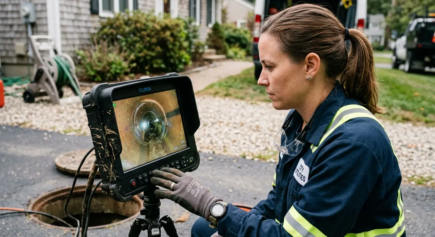 Technician reviewing sewer camera inspection footage in Ranson corporation