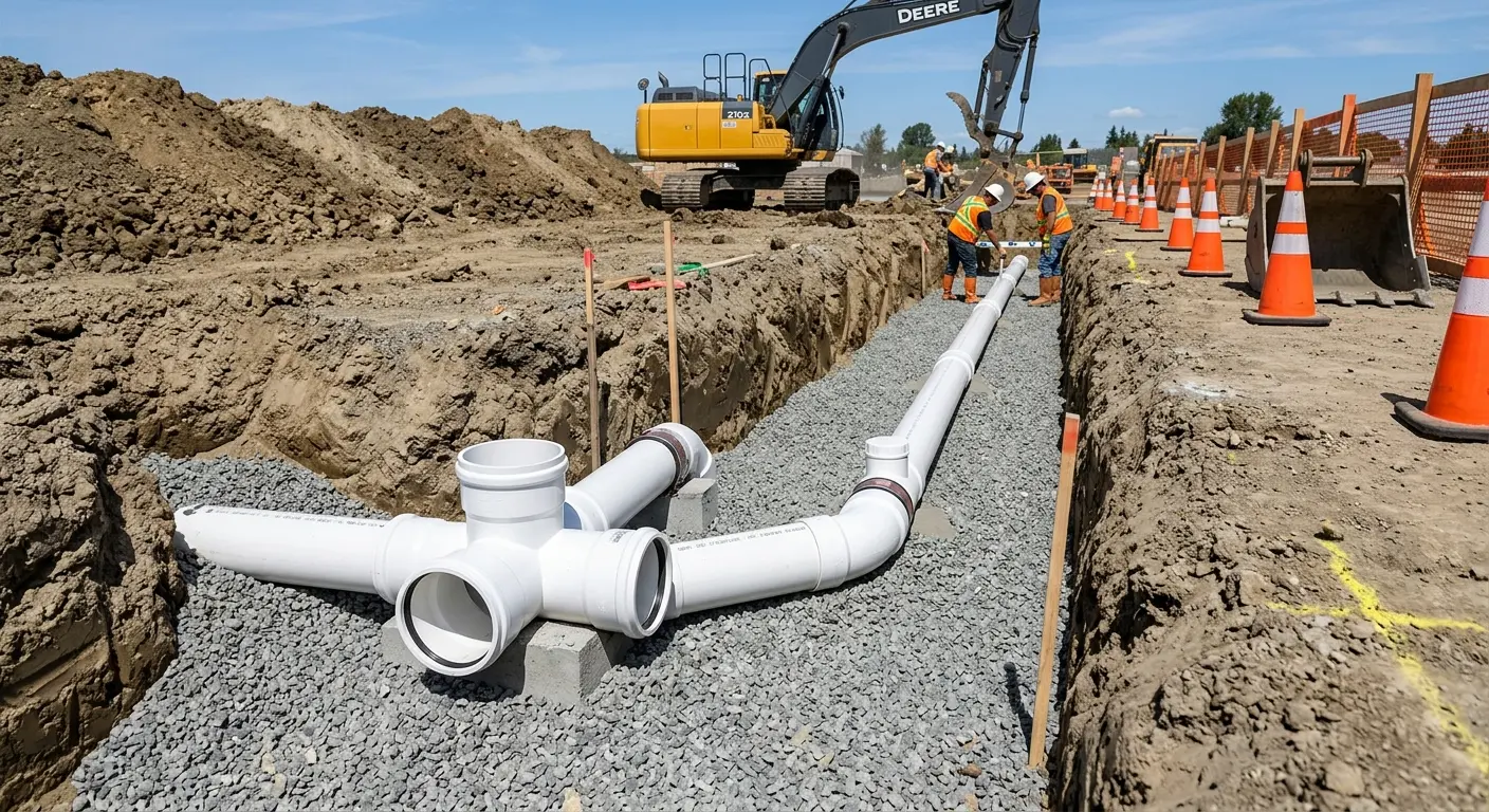 New PVC sewer pipe installation in open trench for Commercial Drain Cleaning in Ranson corporation
