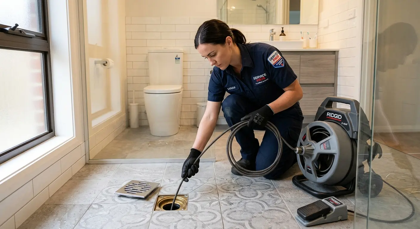 Technician clearing a bathroom floor drain for Sewer Line Replacement in Ranson corporation